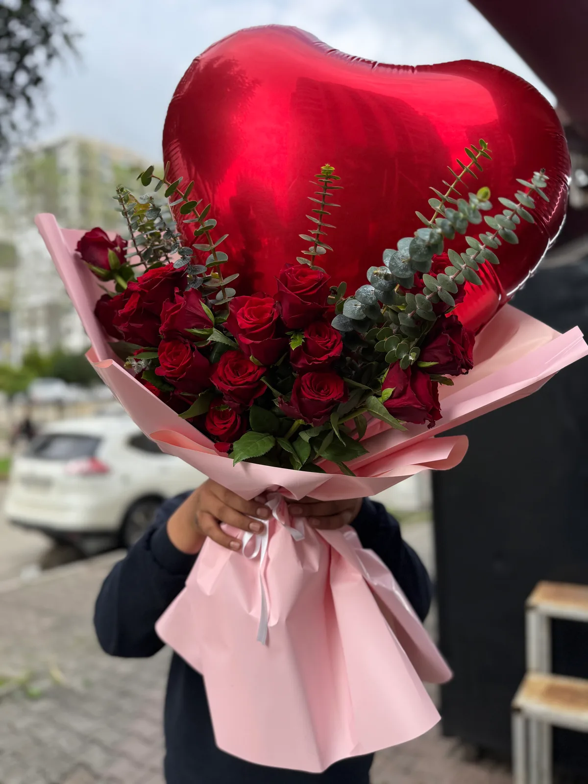 Lüx Gül Buketi Kalpli Balon ile 